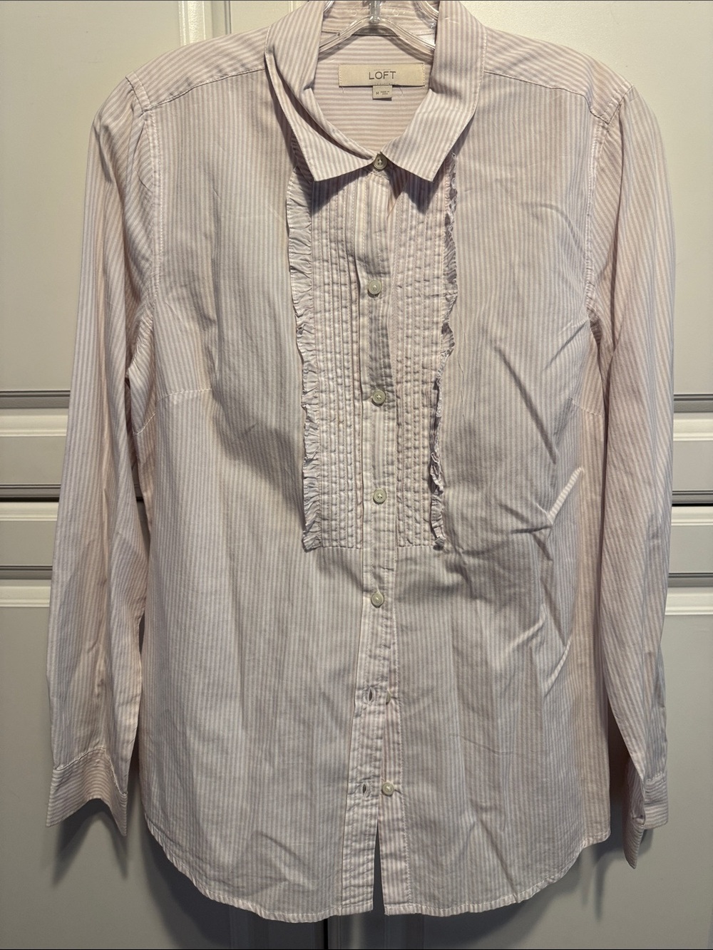 LOFT Light Pink and White Striped Ruffle Pintuck Button-Down Shirt
